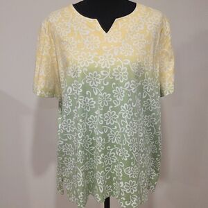 Alfred Dunner Yellow and Green Floral Short Sleeve Top
